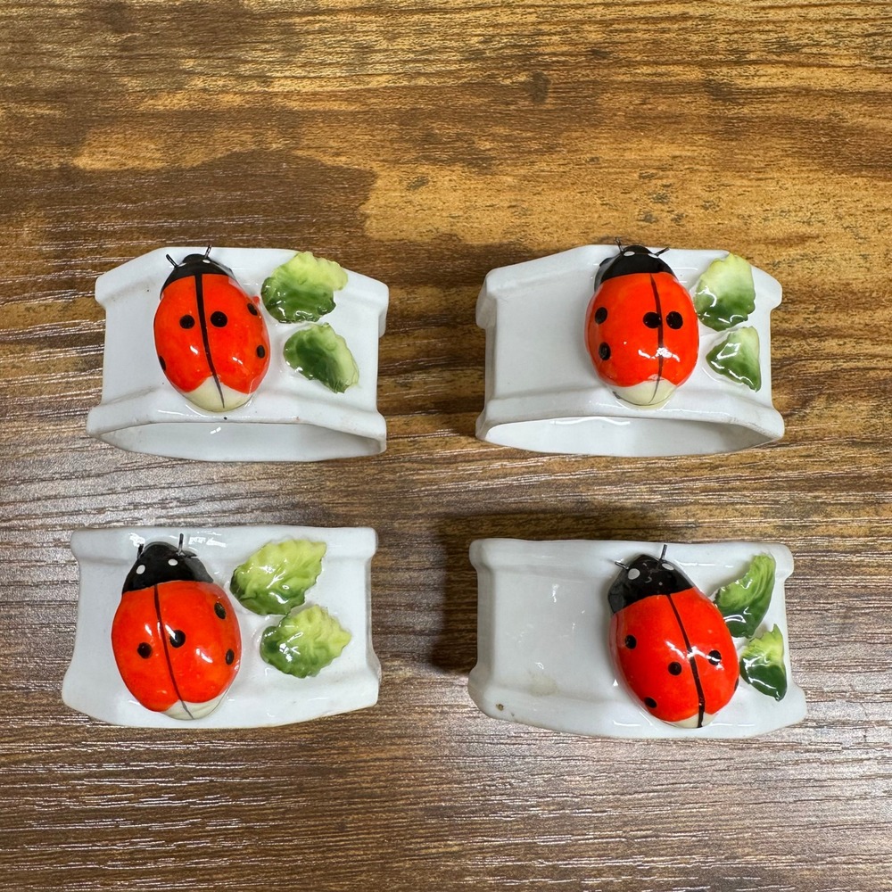 Vintage Ladybug Ceramic Napkin Rings Set of 4 White Octagon Cottagecore Spring